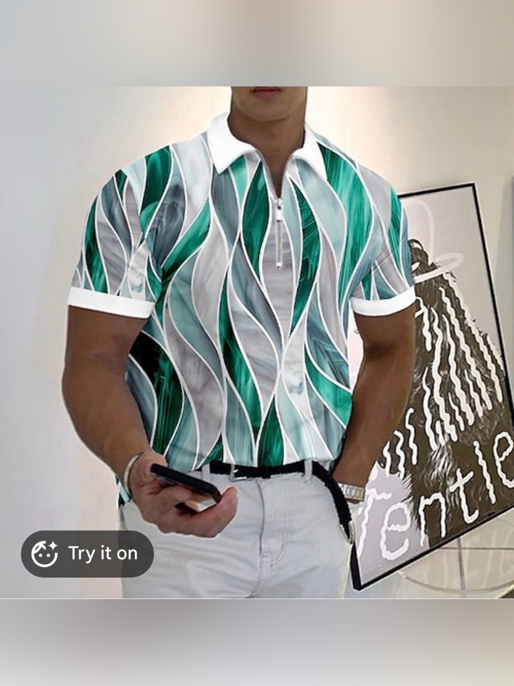 Men's Green Wave-Print Polo Shirt